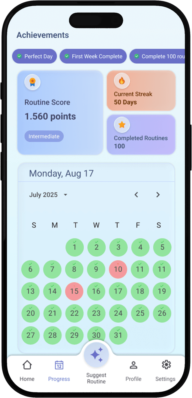 Progress tracking screen showing achievements and calendar