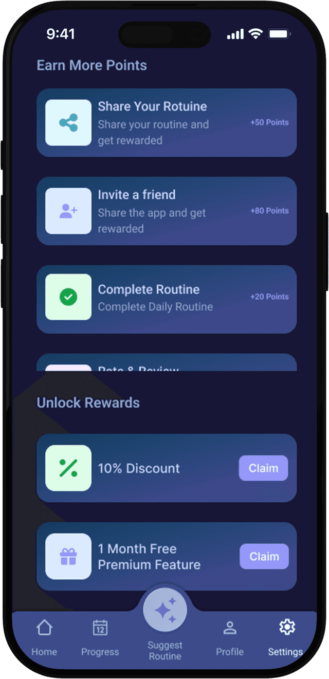 Reward hub screen showing points and unlock rewards