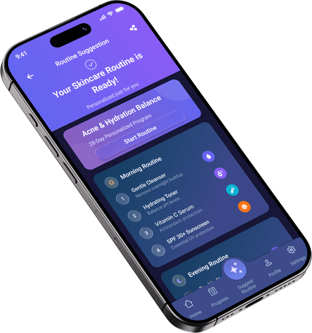 AI routine suggestion screen with morning and evening routines