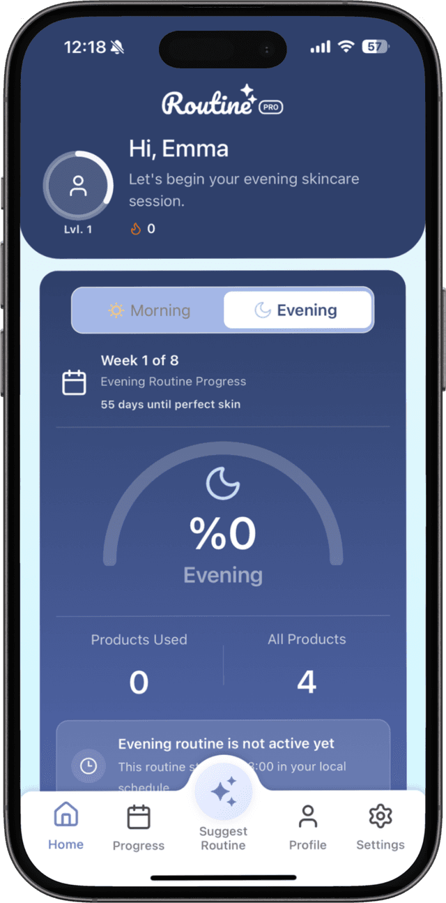 Routine AI evening home dashboard showing the evening skincare session
