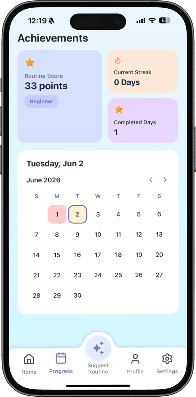 Progress tracking screen showing achievements, streak, and calendar