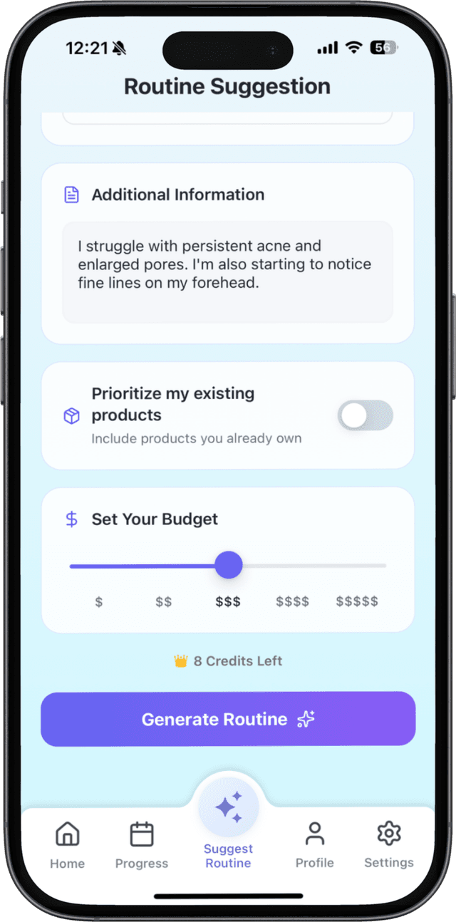 AI routine suggestion screen with concerns, budget, and a generate button